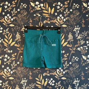 Bo+Tee Women's Ribbed Drawstring Active Mini Shorts Teal Size S